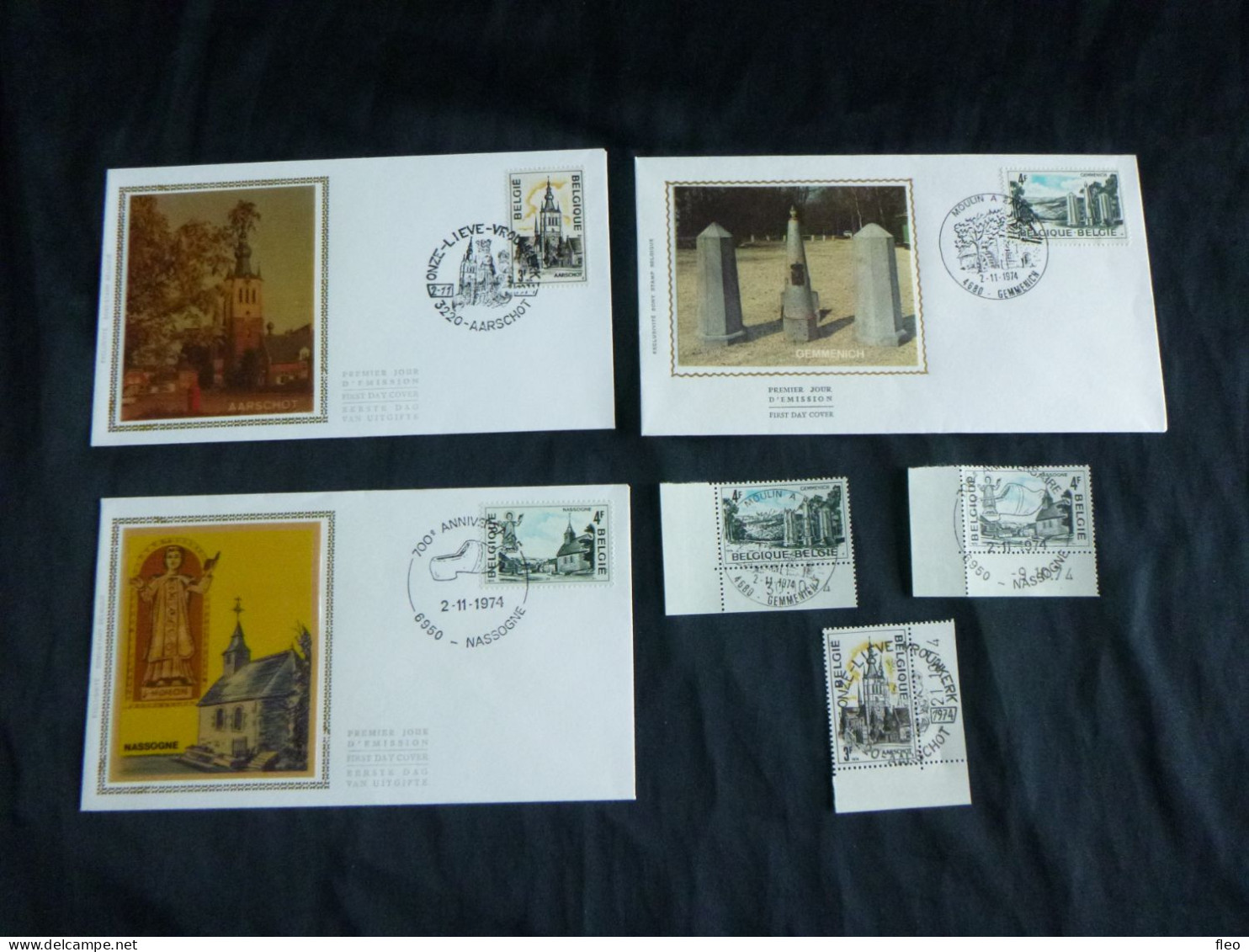 1974 1734 1735 & 1736 FDC's Soie/zijde/silk & Timbres MNH Met 1édag Stemp:  "Toerisme - Aarschot - Gemmenich - Nassogne" - 1971-1980