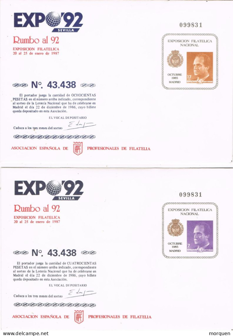 54934. DOS Entero Postales EXPO 92 De SEVILLA, Participacion LOTERIA 7 Y 17 Pts - 1931-....