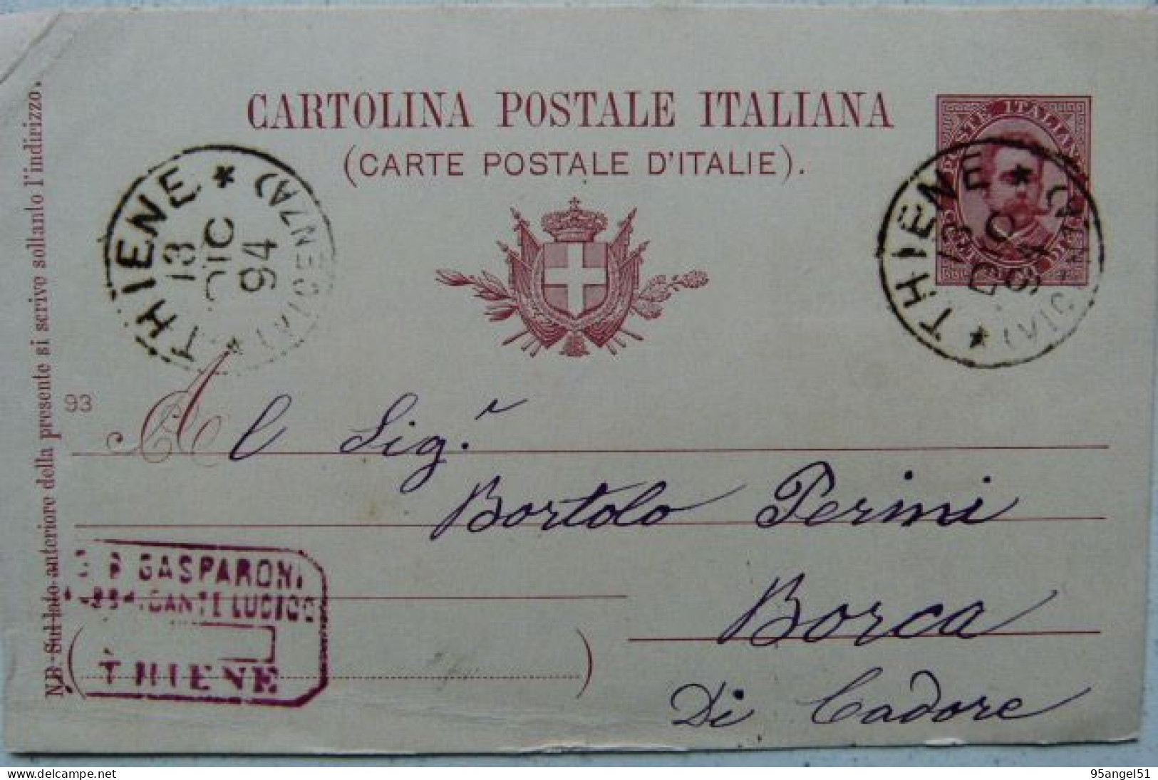 THIENE VICENZA - G.B.GASPARONI COMMERCIANTE - TIMBRO SU CARTOLINA POSTALE 1894 X BORCA DI CADORE - 130 ANNI! - Vicenza
