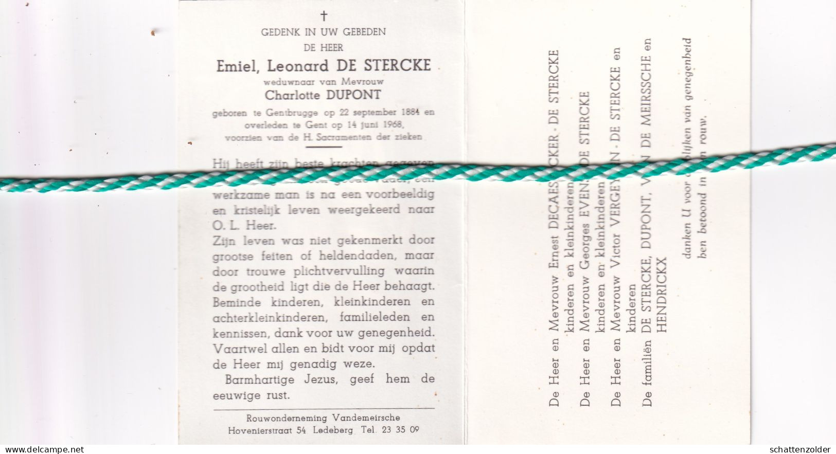Emiel Leonard De Stercke-Dupont, Gentbrugge 1884, Gent 1968 - Todesanzeige