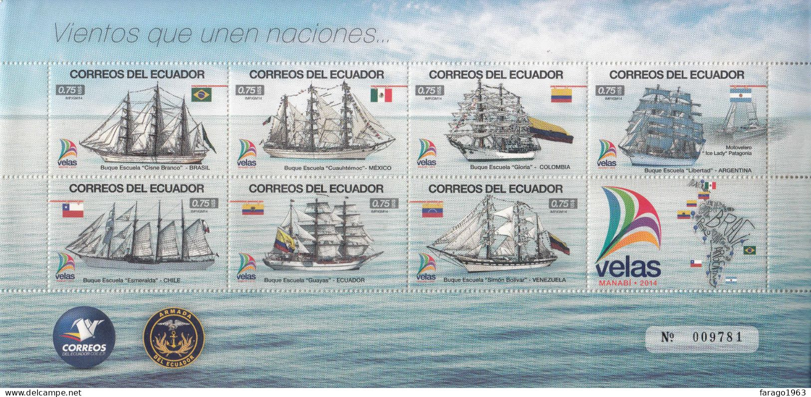 2014 Ecuador Velas **BANG Lower Left Stamps Fine **Tall Ships Sailing Flags  Miniature Sheet Of 7 + Tab MNH - Ecuador