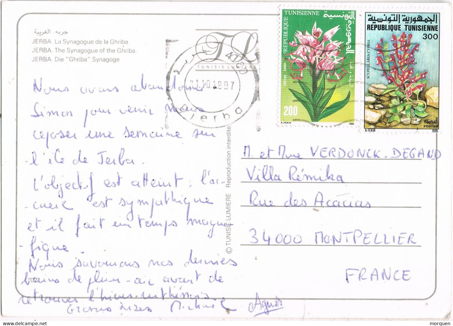 54935. Postal Aerea DJERBA (Tunez) 1997. Viasta De Djerba, Sinagoga De La Ghriba - Tunisie (1956-...)