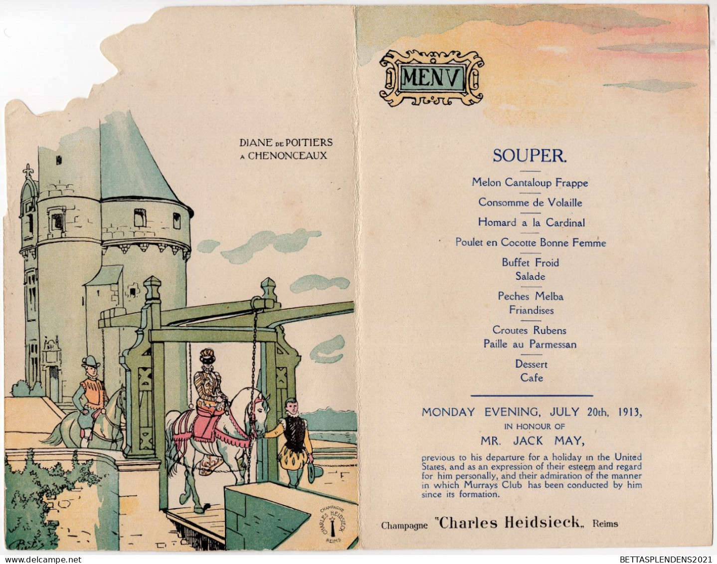 Menu 1913 En L'honneur De Mr JACK MAY - Illustration Le Château De CHENONCEAUX & DIANE De POITIERS à Chenonceaux - Menú