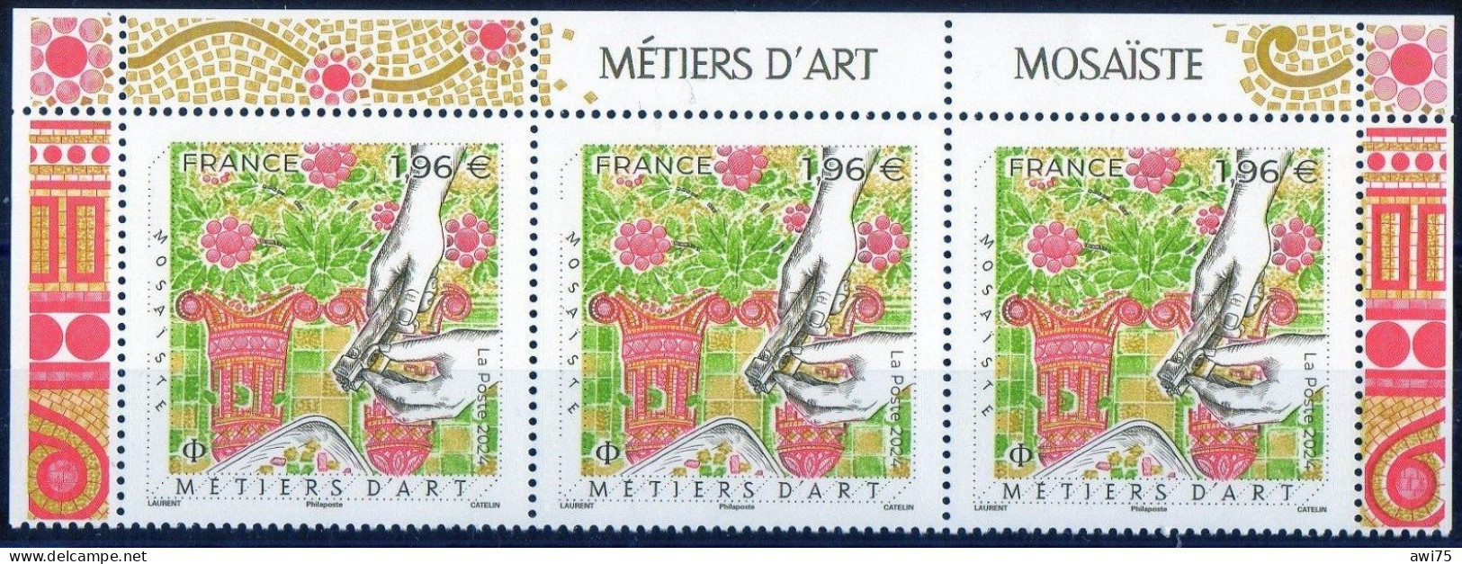 "Métiers D'Art - Mosaiste" 2024 - Haut De Feuille 3 Timbres Avec Bord - Unused Stamps