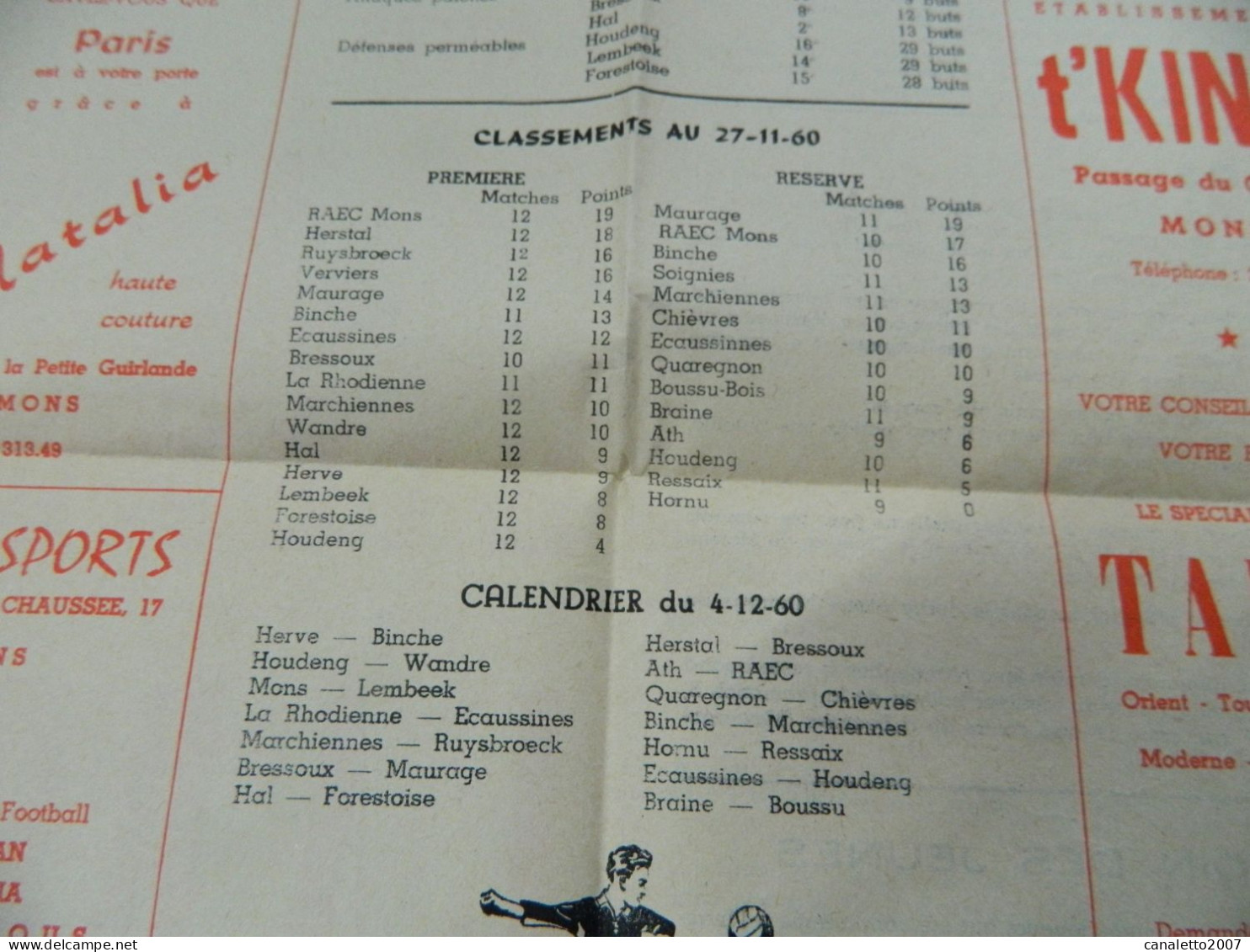 FOOTBALL+RAEC MONS:SUPER RARISSIME JOURNAL DU RAEC MONS DE DECEMBRE 1960 -AVEC PUB +CLASSEMENT DE LA PROMOTION B - Otros & Sin Clasificación