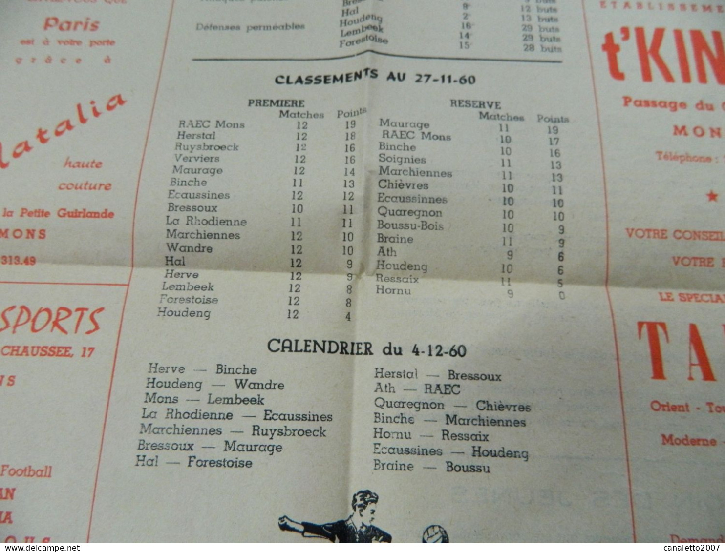 FOOTBALL+RAEC MONS:SUPER RARISSIME JOURNAL DU RAEC MONS DE DECEMBRE 1960 -AVEC PUB +CLASSEMENT DE LA PROMOTION B - Andere & Zonder Classificatie