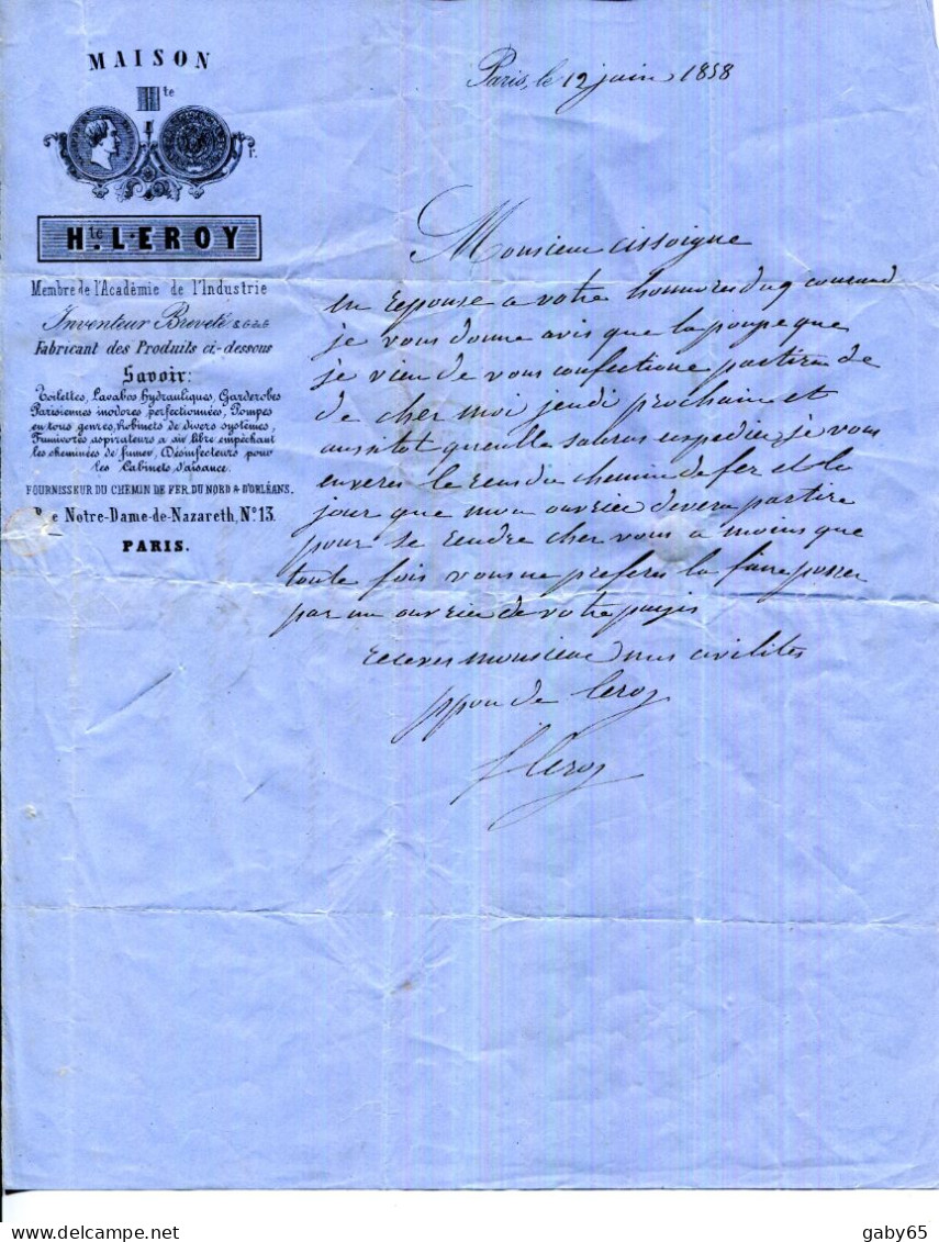 FACTURE.PARIS.TOILETTES.LAVABOS.GARDEROBES.POMPES EN TOUS GENRES ...Etc.MAISON H.LEROY FABRICANT 13 RUE N.D. DE NAZARETH - Andere & Zonder Classificatie