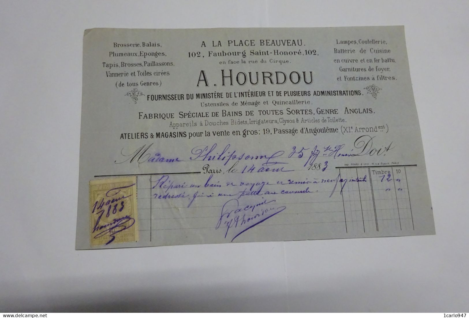 PARIS  - PARIGI -- FRANCIA  ---  A.  HOURDOU  --  FABRIQUE SPECIALE DE BAINS  DE TOUTE SORTES ,GENRE ANGLAIS - 1800 – 1899