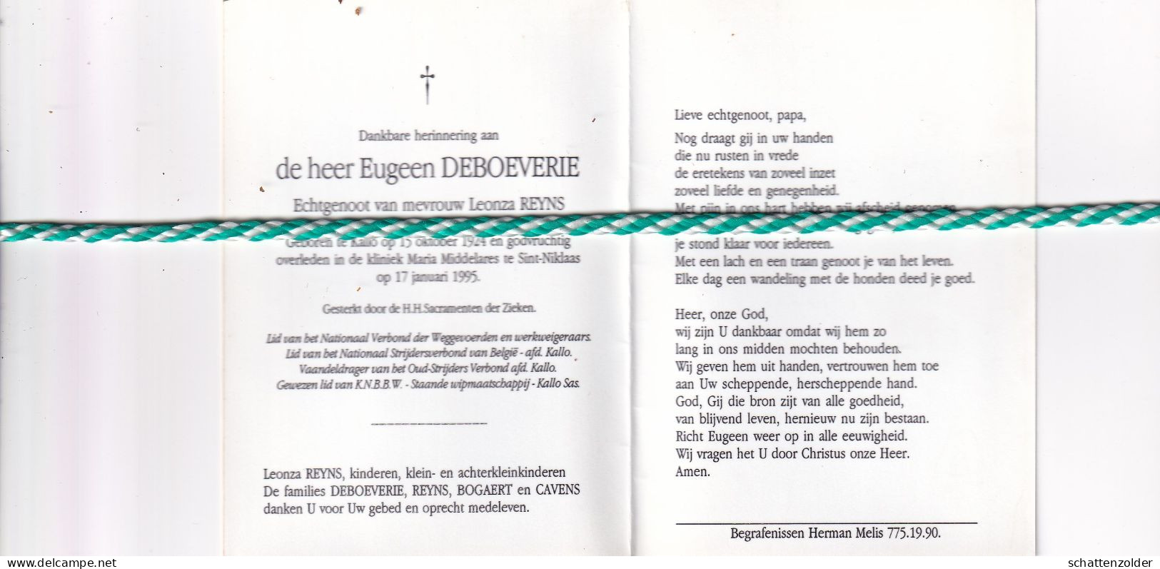 Eugeen Deboeverie-Reyns, Kallo 1924, Sint-Niklaas 1995. Foto - Overlijden