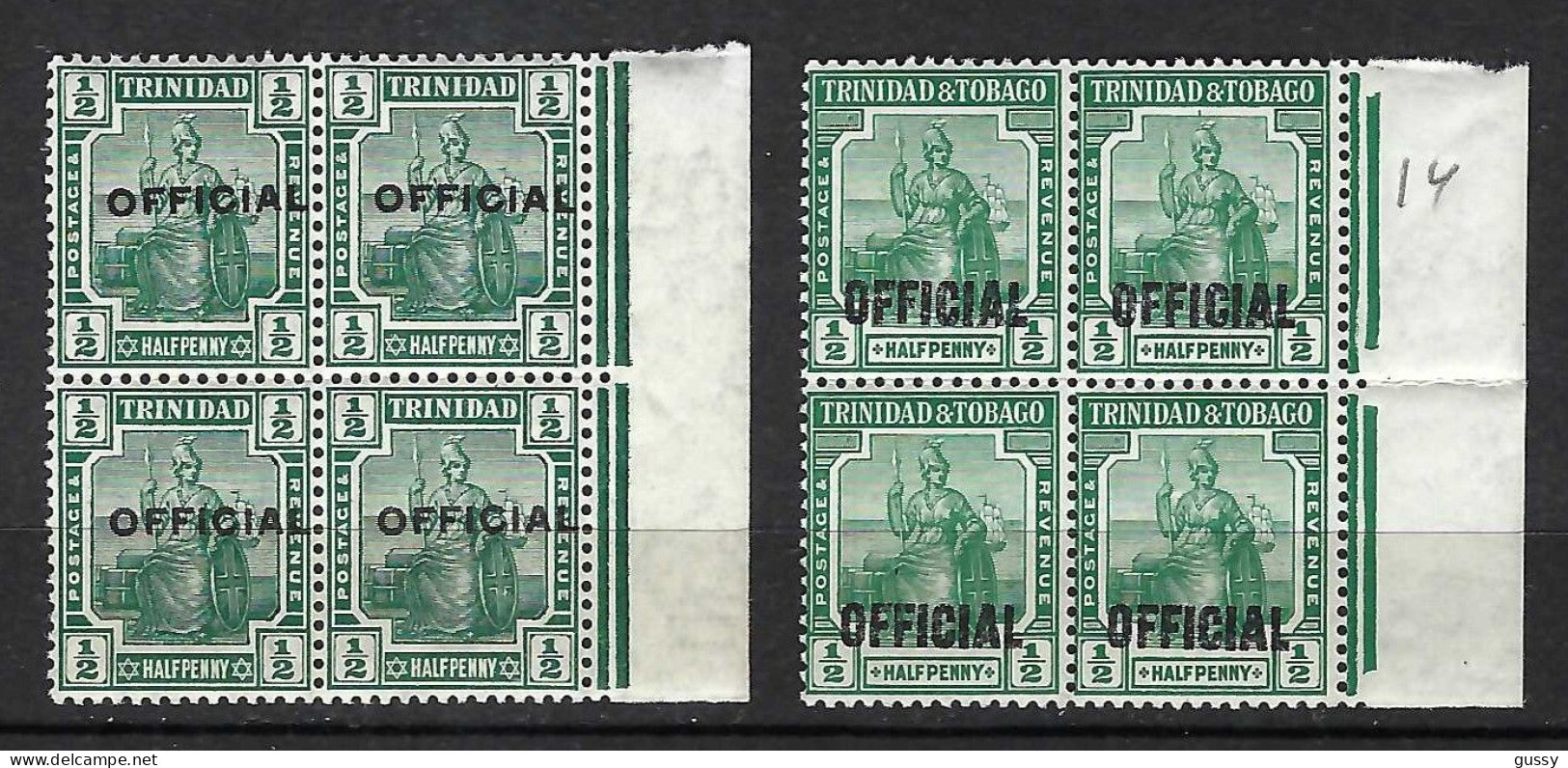 TRINITE & TOBAGO Service 1910-18: Blocs De 4 BDF Des Y&T 8,14 Neufs** - Trinité & Tobago (...-1961)