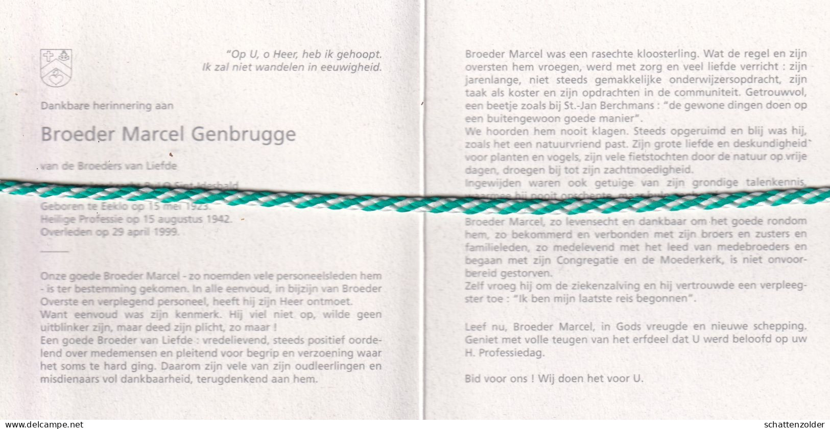 Broeder Marcel Genbrugge, Eeklo 1923, 1999. Gewezen Leerkracht BULO Sint-Idesbald. Foto - Obituary Notices