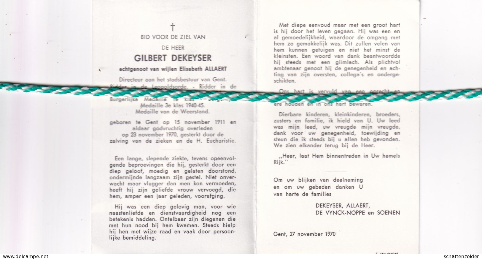 Gilbert Dekeyser-Allaert, Gent 1911, 1970 - Avvisi Di Necrologio