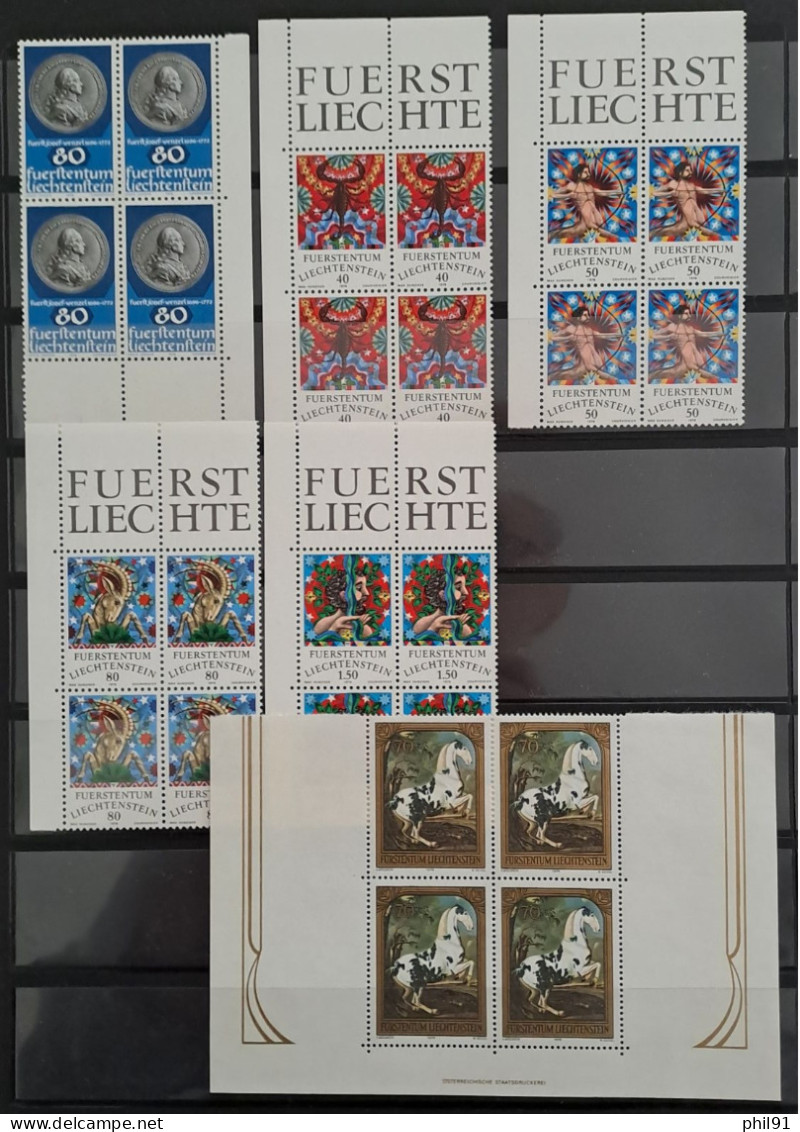 LIECHTENSTEIN    Petite Collection De Timbres Neufs En Blocs De 4 Entre Les Années 1968 Et 1987 - Collections