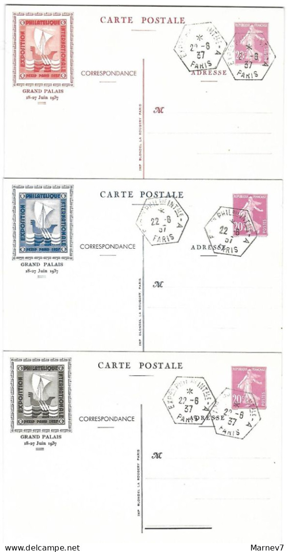 3 Entiers Avec Semeuse N°190 Et Vignette Expo Phila PEXIP 1937 Grand Palais - Cachet Hexagonal 22 6 37 PARIS - Neufs** - Storia Postale