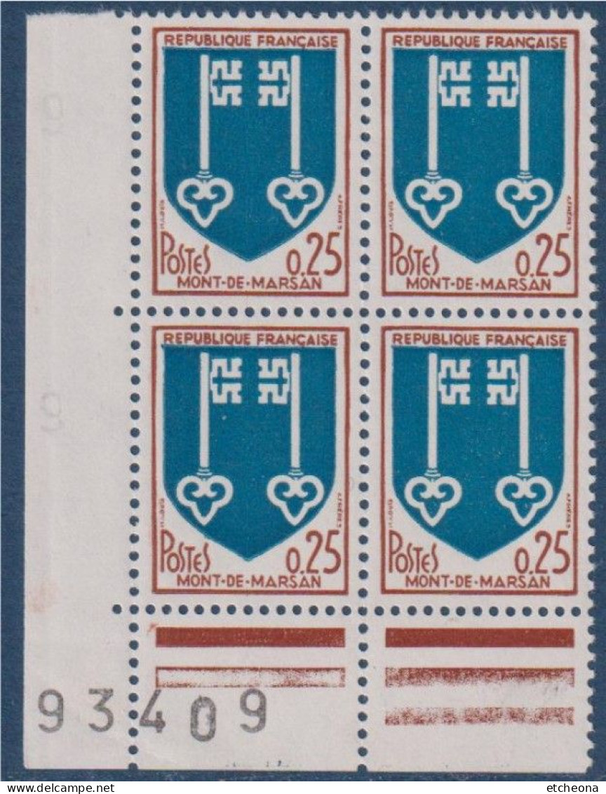 Armoiries De Ville, Mont De Marsan, 25c Brun Rouge Et Bleu N°1469, Neuf Bloc X4 Numéroté 93409 Coin De Feuille - 1941-66 Armoiries Et Blasons