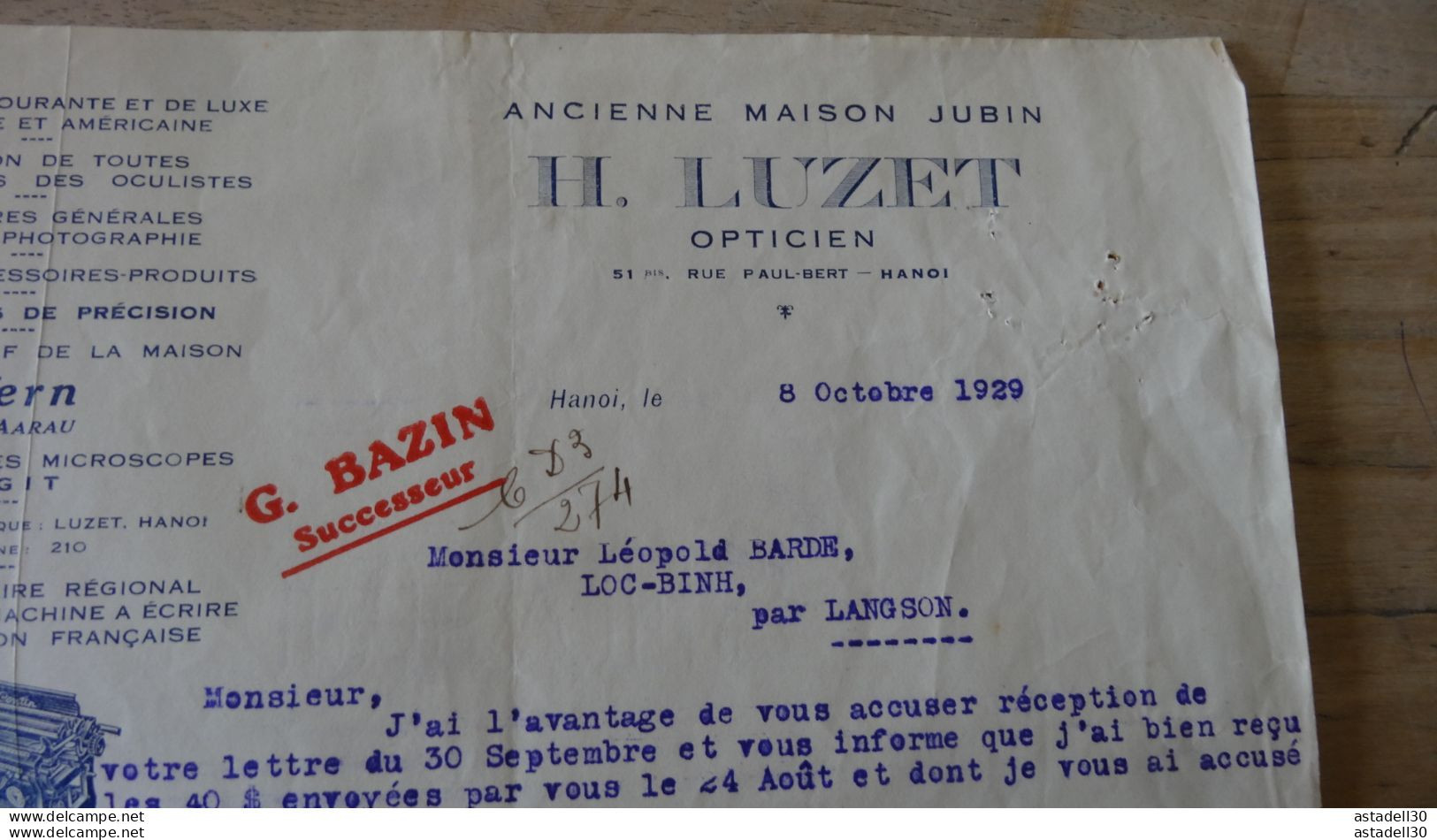 VIETNAM, TONKIN : Facture H LUZET, Photographe A HANOI - 1929 ............. PHI-Caisse41 ........ FAC-004 - Autres & Non Classés