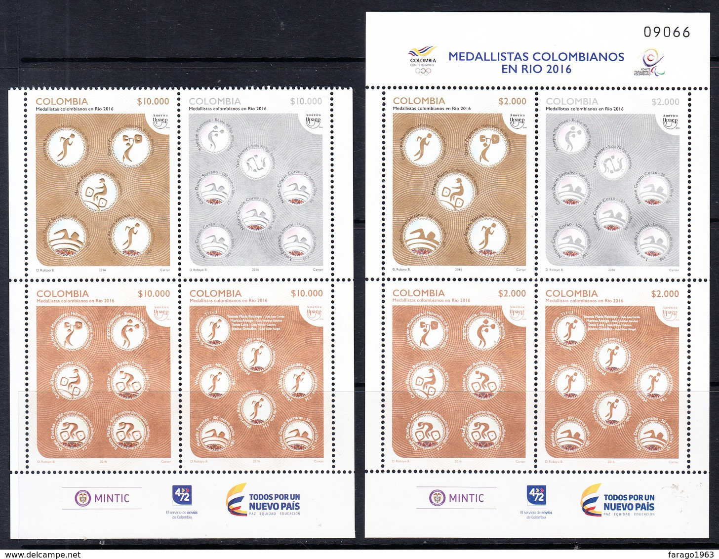 2016 Colombia Rio Olympic Medallists Cycling Complete Block Of 4 + Souvenir Sheet MNH - Colombia