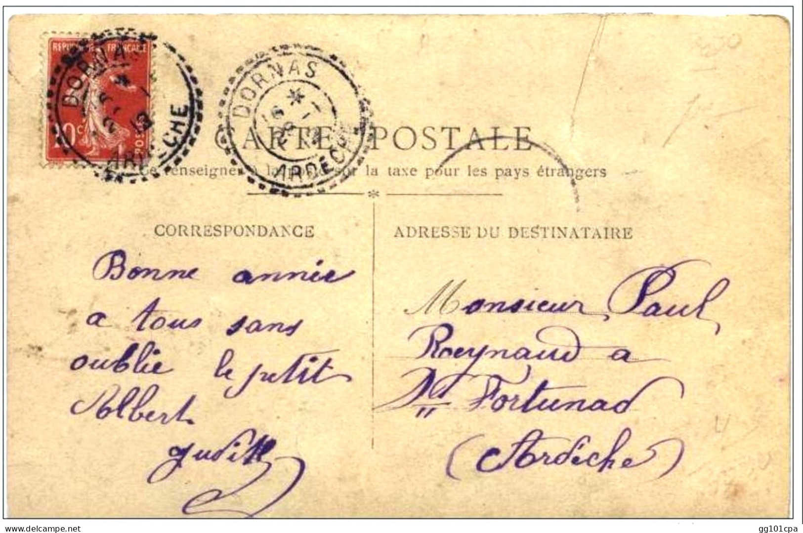 Cachet Perlé Boitier "DORNAS ARDECHE 1912" Indice=4 SUPERBE Semeuse CP Fantaisie - Paiement Par MANGOPAY Uniquement - Cachets Manuels