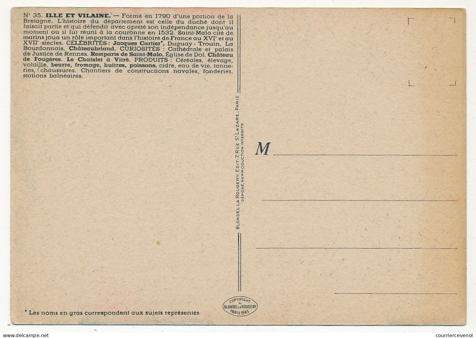 CPSM - ILLE ET VILAINE  - Carte Du Département D'Ille Et Vilaine - Blondel La Rougery édit. - 1945 - Altri & Non Classificati