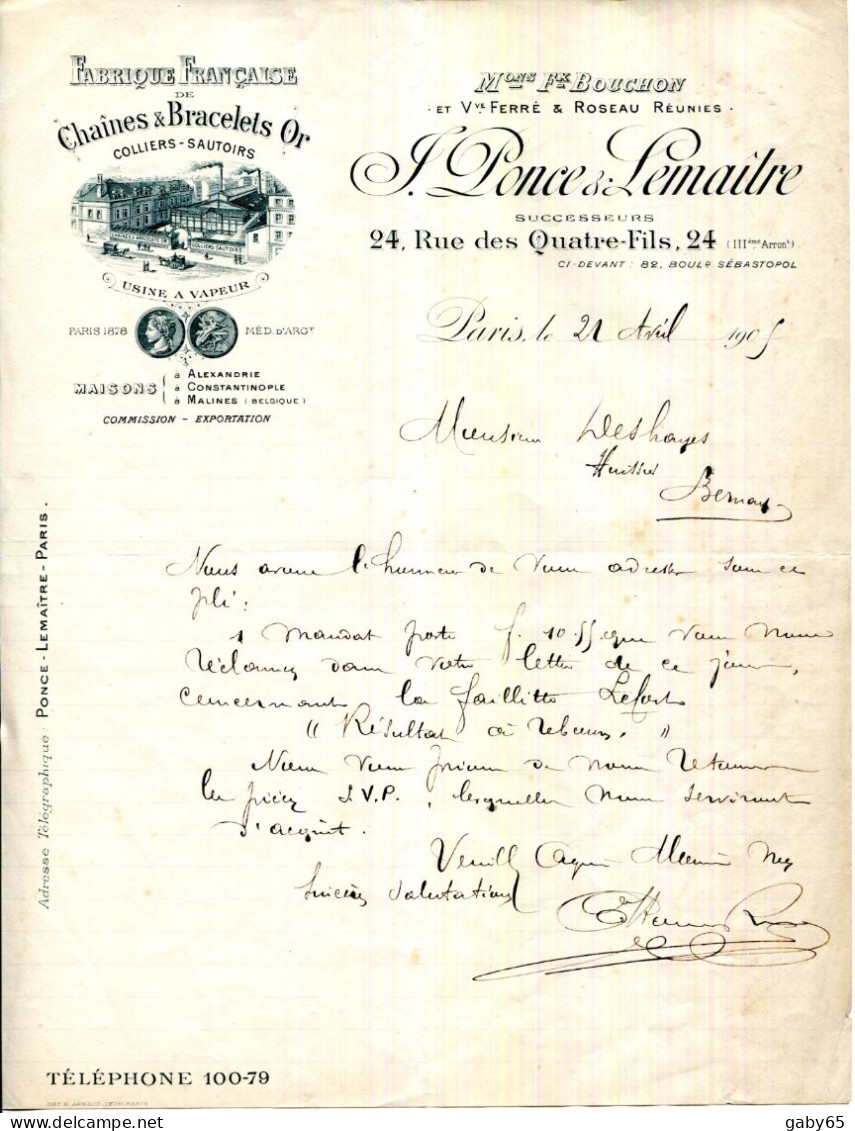 FACTURE.PARIS.FABRIQUE DE CHAÎNES & BRACELETS OR.COLLIERS-SAUTOIRS.J.PONCE & LEMAÎTRE USINE A VAPEUR 24 RUE DES 4 FILS. - Altri & Non Classificati