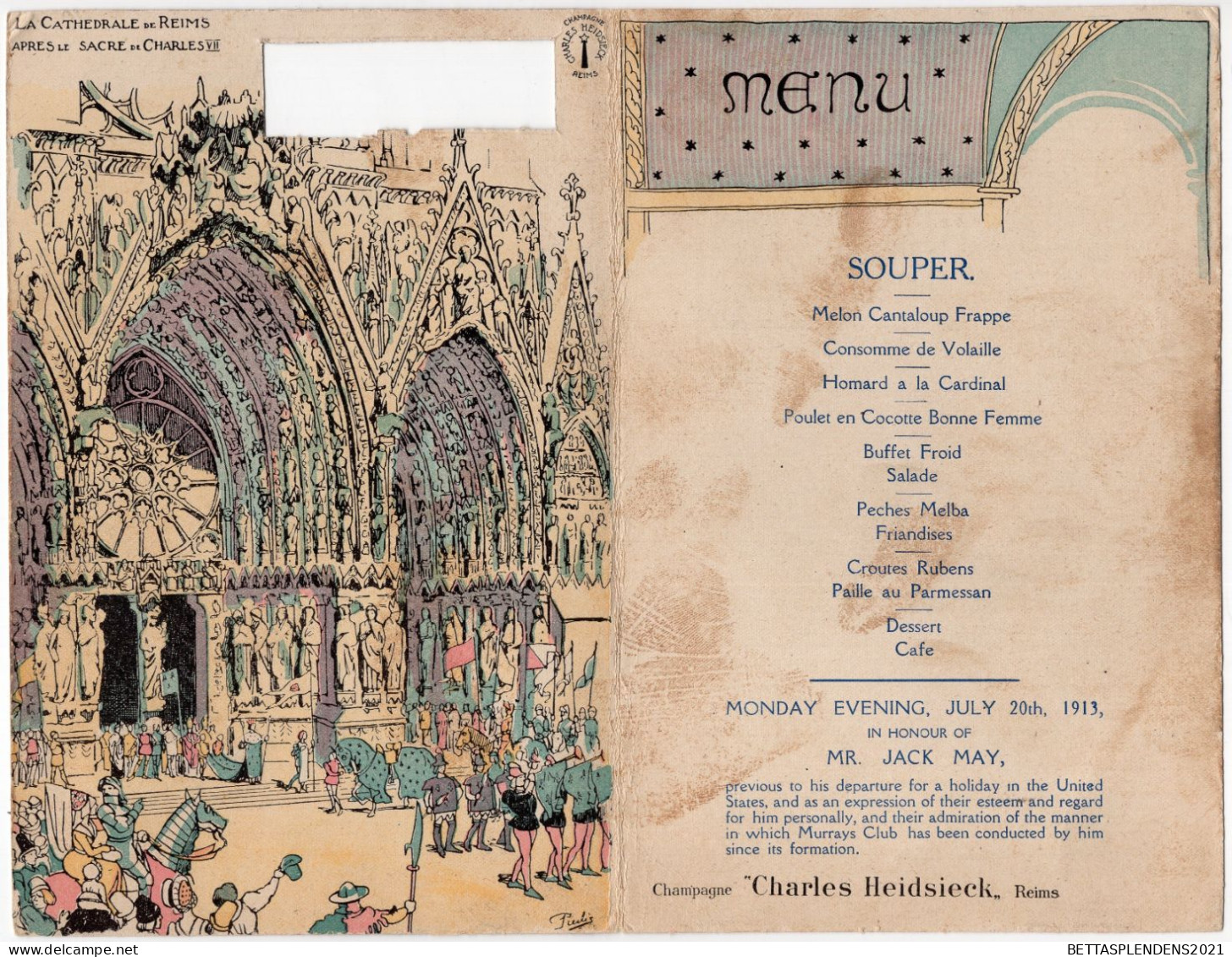 Menu 1913 En L'honneur De Mr JACK MAY - Illustration REIMS, Jeanne D'Arc Le Serment Salle Des Rois & Cathédrale - Menú