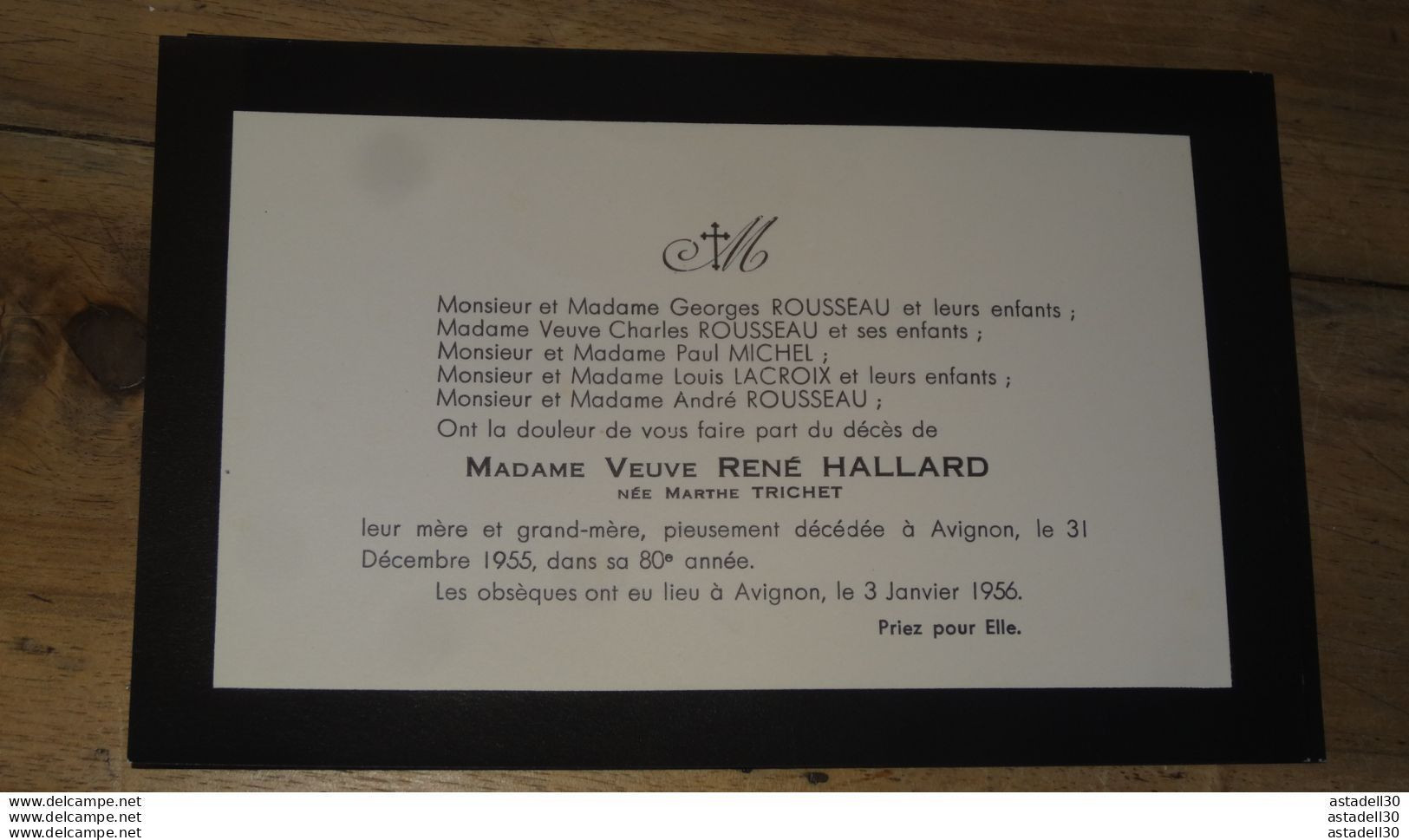 FP De Deces Mme Veuve René HALLARD, Avignon 1955 ........PHI ........ Caisse-23 - Obituary Notices