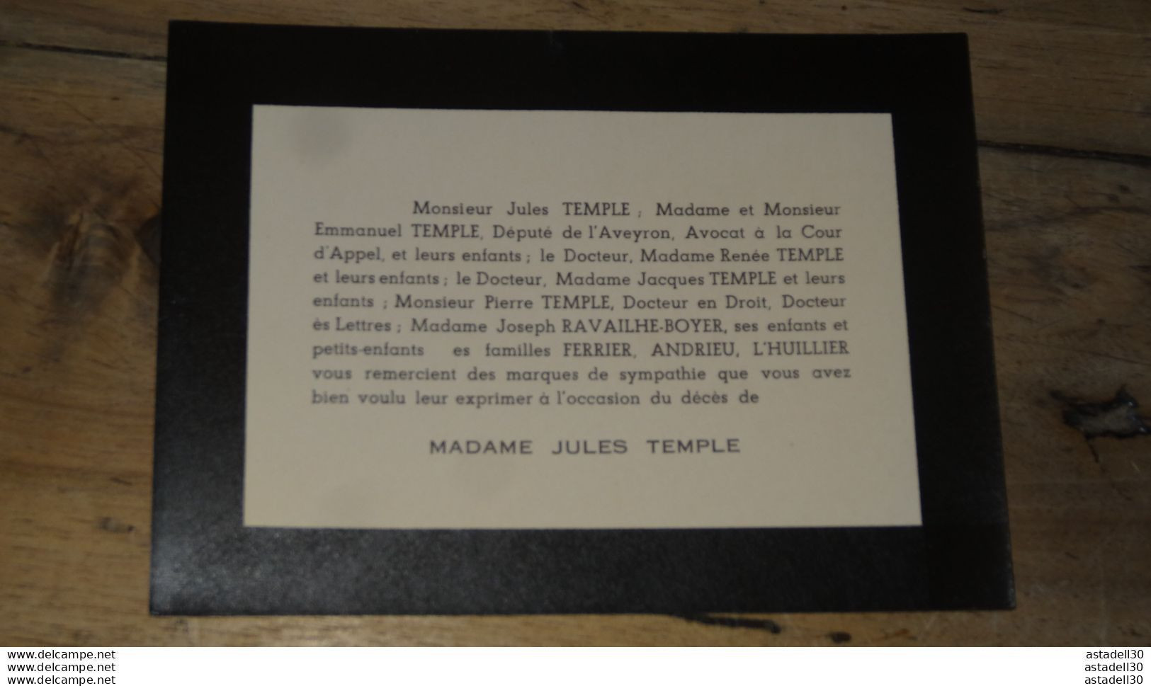 FP De Deces Mme Jules TEMPLE (deputé Aveyron) ........PHI ........ Caisse-23 - Obituary Notices