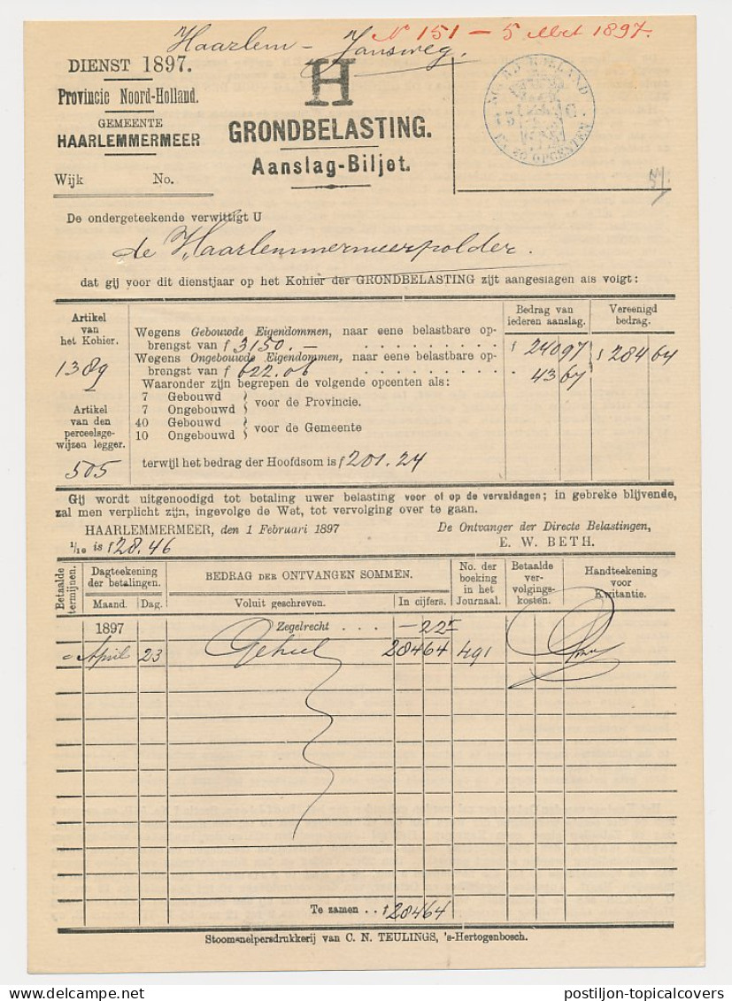 Fiscaal - Aanslagbiljet Haarlemmermeer 1897 - Steuermarken