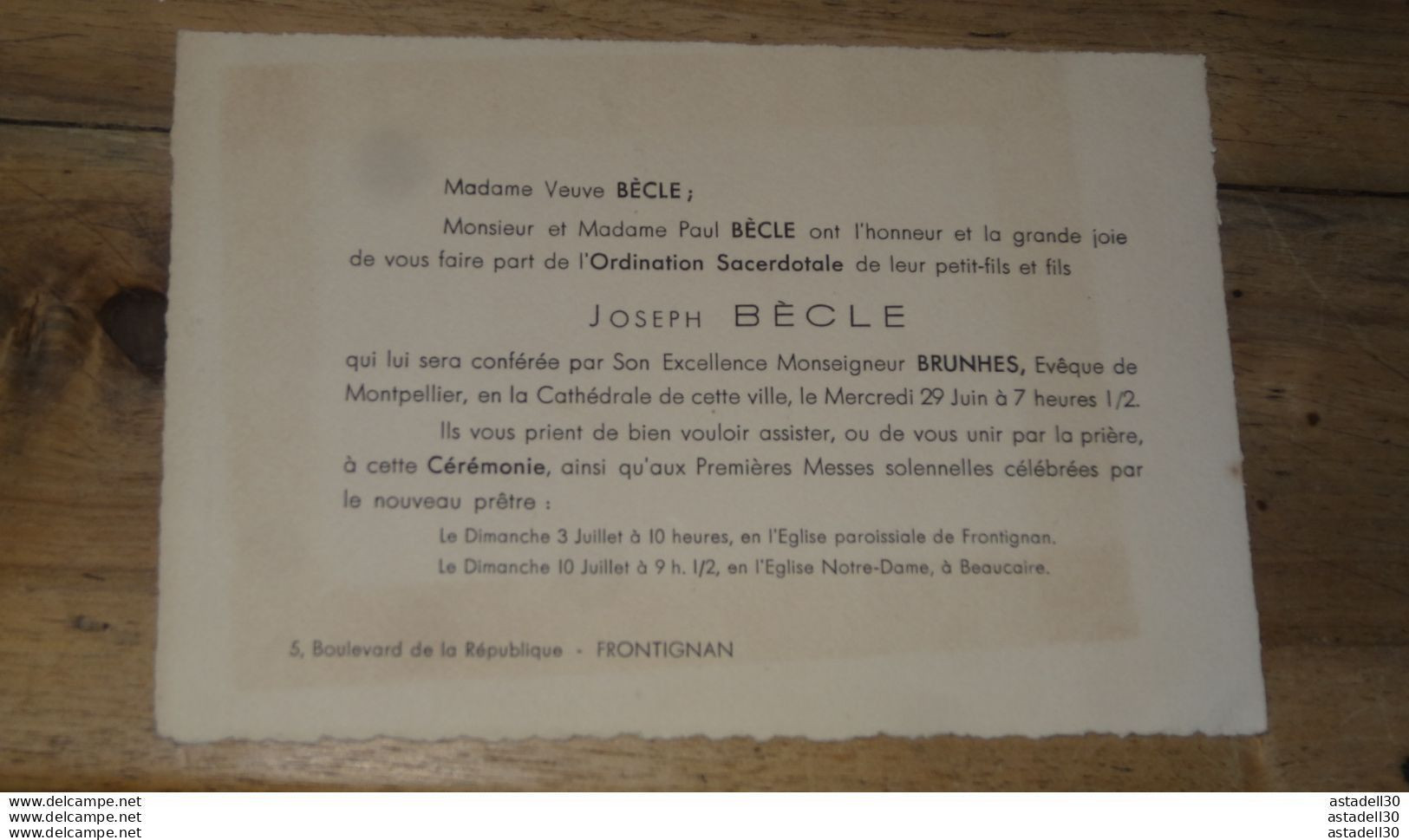 FP De L'ordination Sacerdotale De Joseph BECLE A FRONTIGNAN ........PHI ........ Caisse-23 - Autres & Non Classés