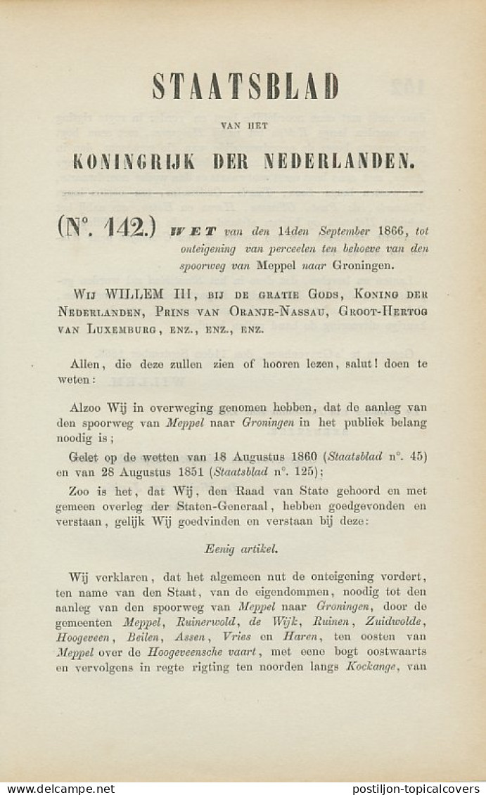 Staatsblad 1866 : Spoorlijn Meppel - Groningen - Documents Historiques