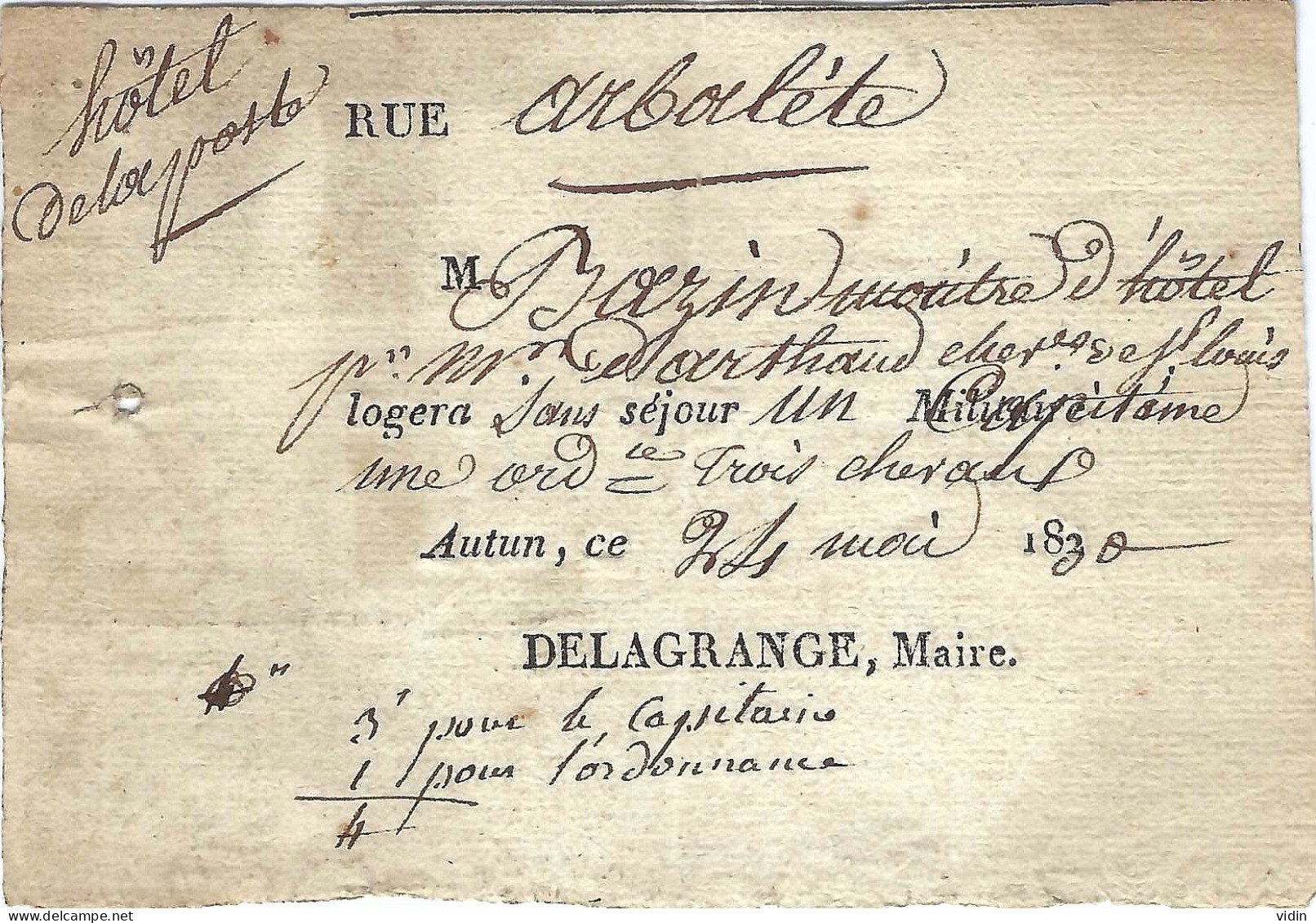 Billet De Logement 1830 - Rue De L'Arbalète à Autun - Historical Documents