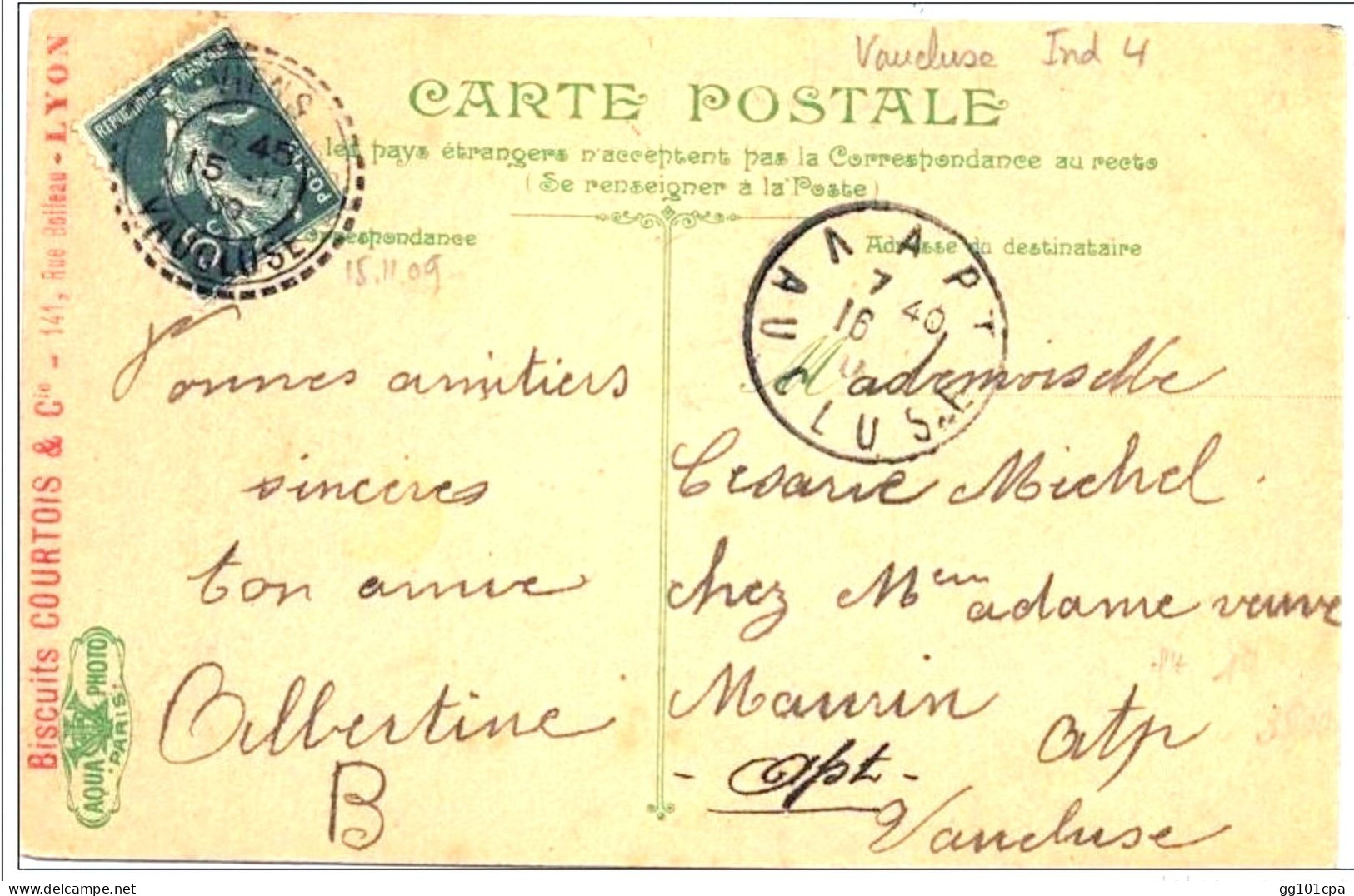 Cachet Perlé Facteur Boitier "Viens Vaucluse 1909" Indice=4 Semeuse Cp Lyon - Paiement Par MANGOPAY Uniquement - Handstempels