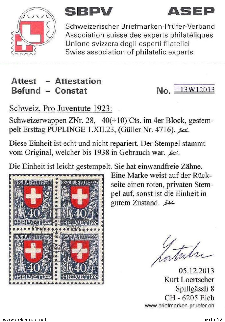 Schweiz Suisse Pro Juventute 1923: Soldat XIV Jhdt Zu WI 28 Mi 188 Yv 195 Block Mit ET-⊙ PUPLINGE 1.XII.23 & Befund SBPV - Usados