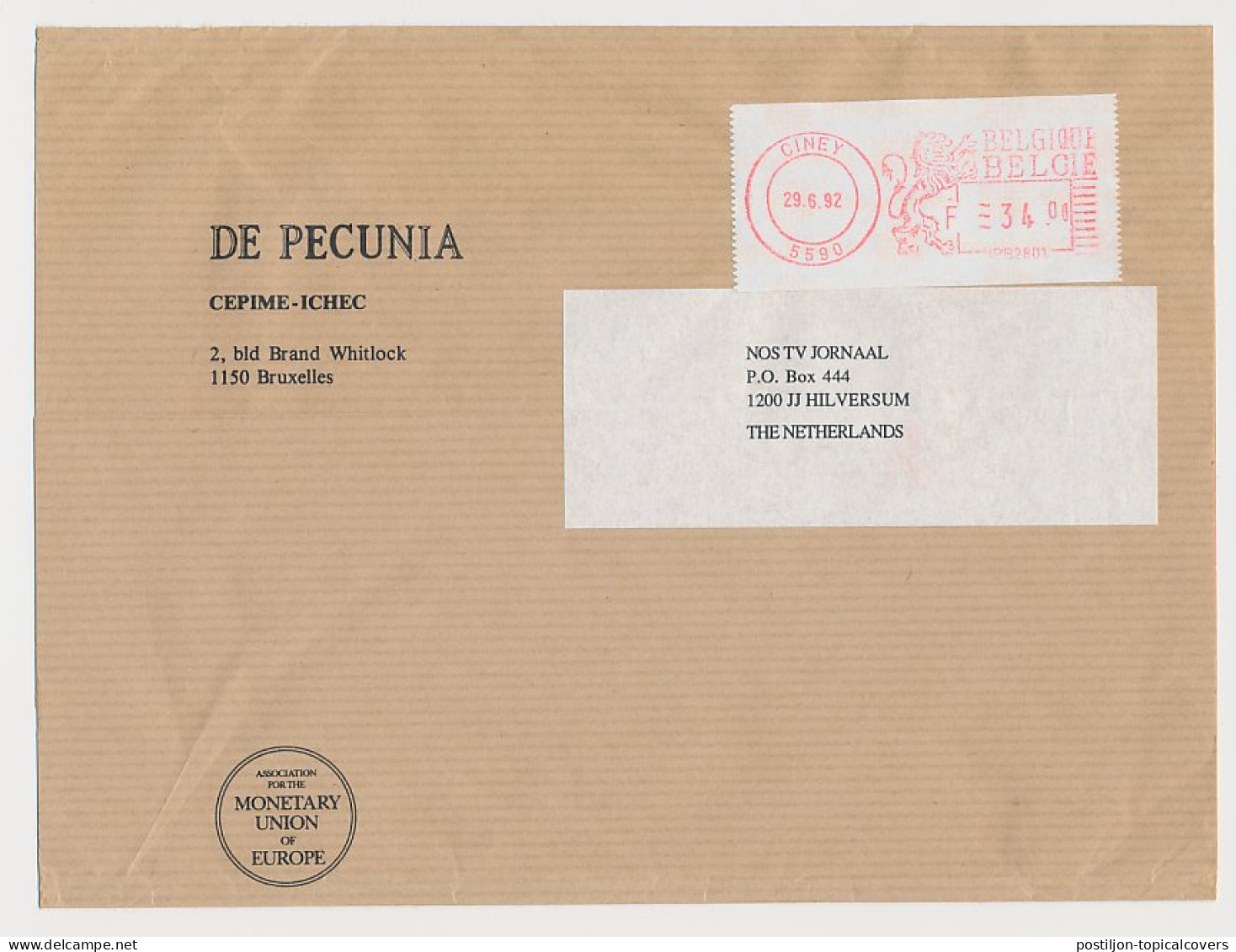 Meter Wrapper Belgium 1992 The Pecunia - Association For The Monetary Union Of Europe - Institutions Européennes
