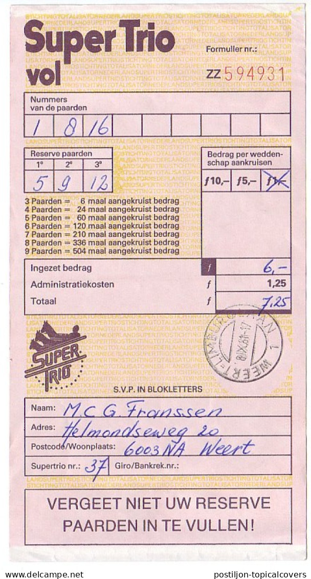 Bet Form Netherlands 1981 Horse Racing - Super Trio - Reitsport