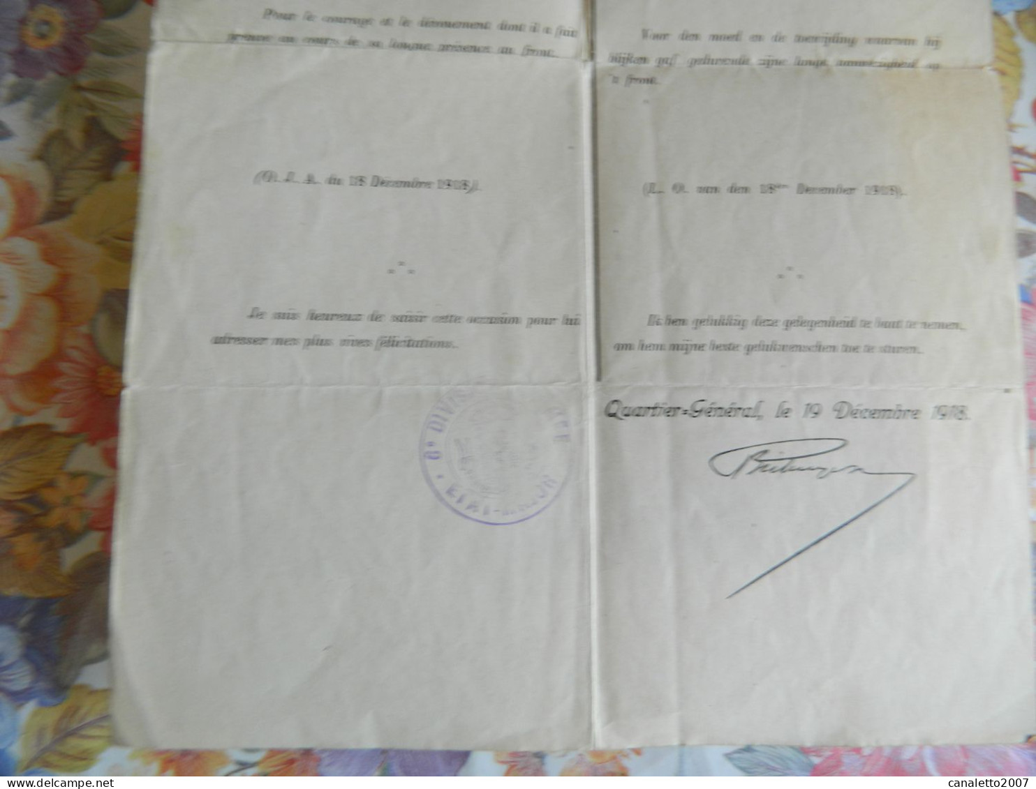 MILITARIA=GUERRE 14/18: DIPLOME DE LA CROIX DE GUERRE GUERRE 14/18 SOLDAT DU 12 EME BATAILLON DU GENIE  FAIT LE 19/12/19 - Documents