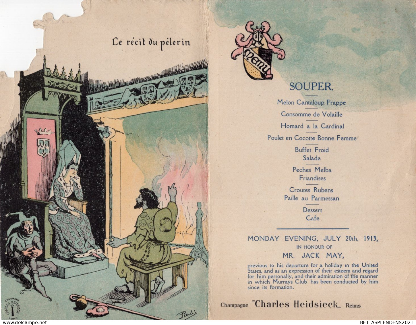 Menu 1913 En L'honneur De Mr JACK MAY - Illustration Le Château De PIERREFONDS & Le Récit Du Pélerin - Menú