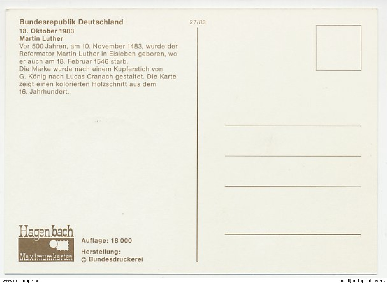 Maximum Card Germany 1983 Martin Luther - Other & Unclassified