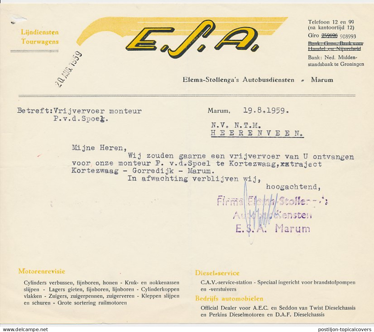 Brief Marum 1959 - E.S.A. - Elema Stollenga S Autobusdiensten - Pays-Bas