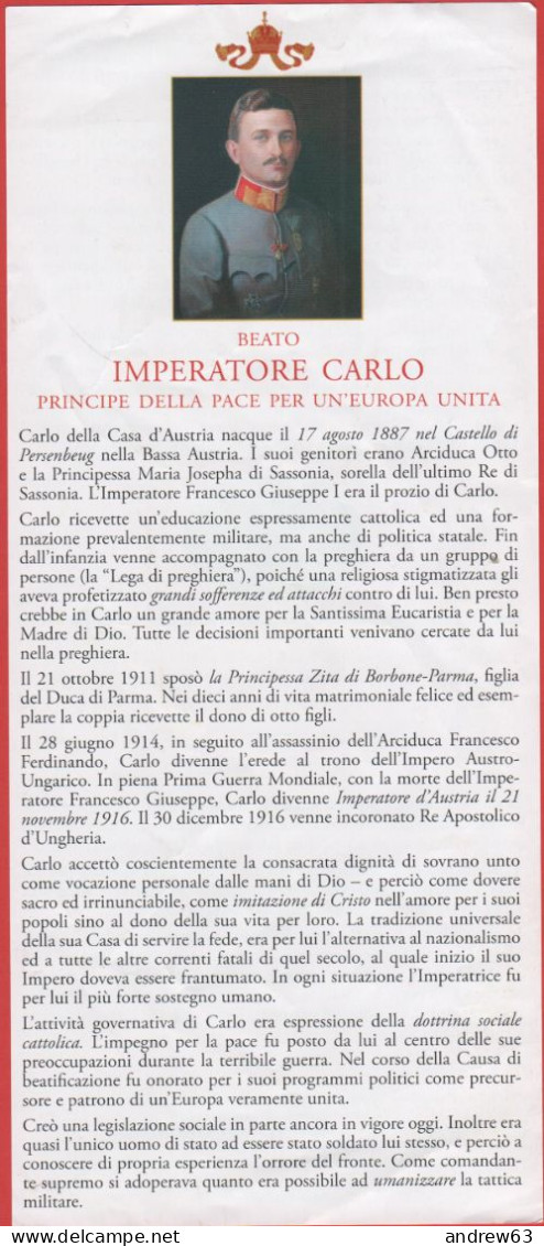 Santino - Holy Card - Beato Imperatore Carlo,  Principe Della Pace Per Un'Europa Unita - Devotieprenten