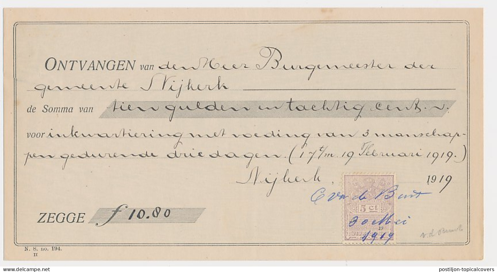  Plakzegel 5 Ct Den 19.. - Nijkerk 1919 - Fiscali