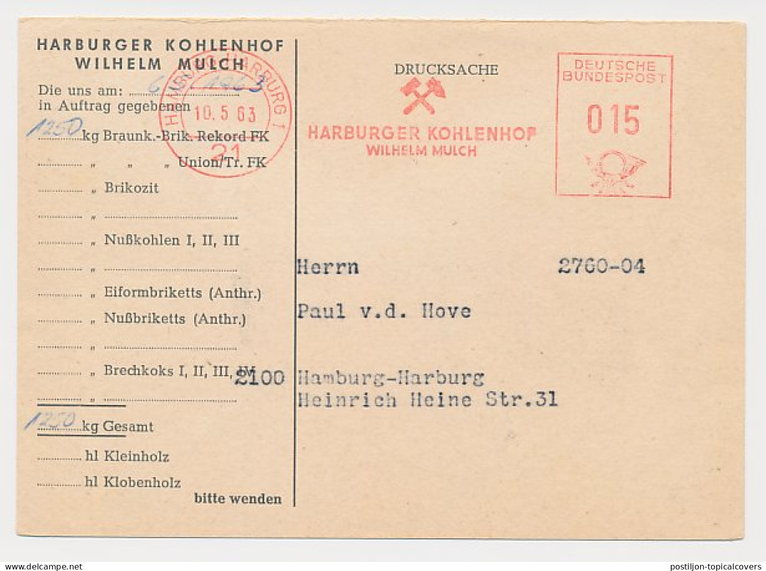 Meter Card Germany 1963 Coal - Order Card - Mining - Autres & Non Classés