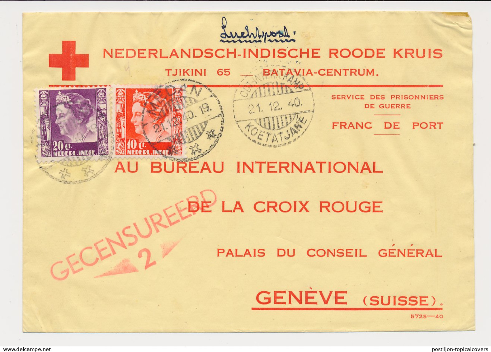 Censored Red Cross Cover POW Camp Koetatjane Neth. Indies 1940 - Niederländisch-Indien