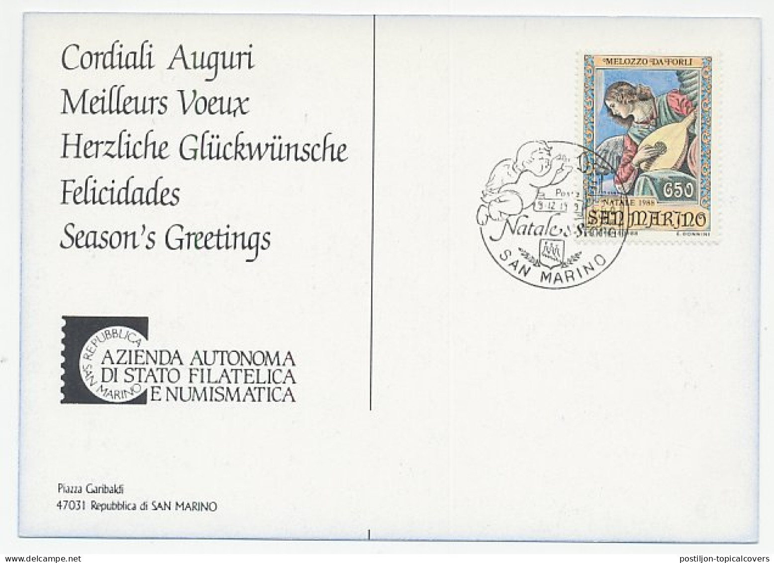 Postcard / Postmark San Marino 1988 Christmas - Angel - Lute  - Navidad