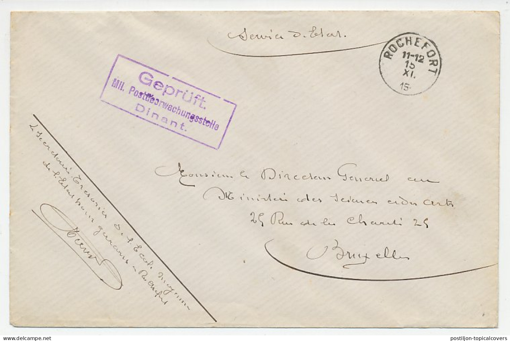 Military Service Cover / Postmark Belgium 1915 Soldiers Mail - Censored - Guerre Mondiale (Première)