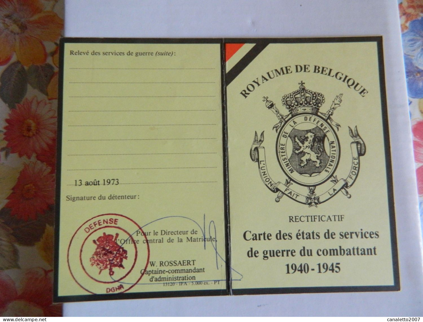 MILITARIA :CARTE DES ETATS DE SERVICES DE GUERRE DU COMBATTANT 1940/45 - Documenten