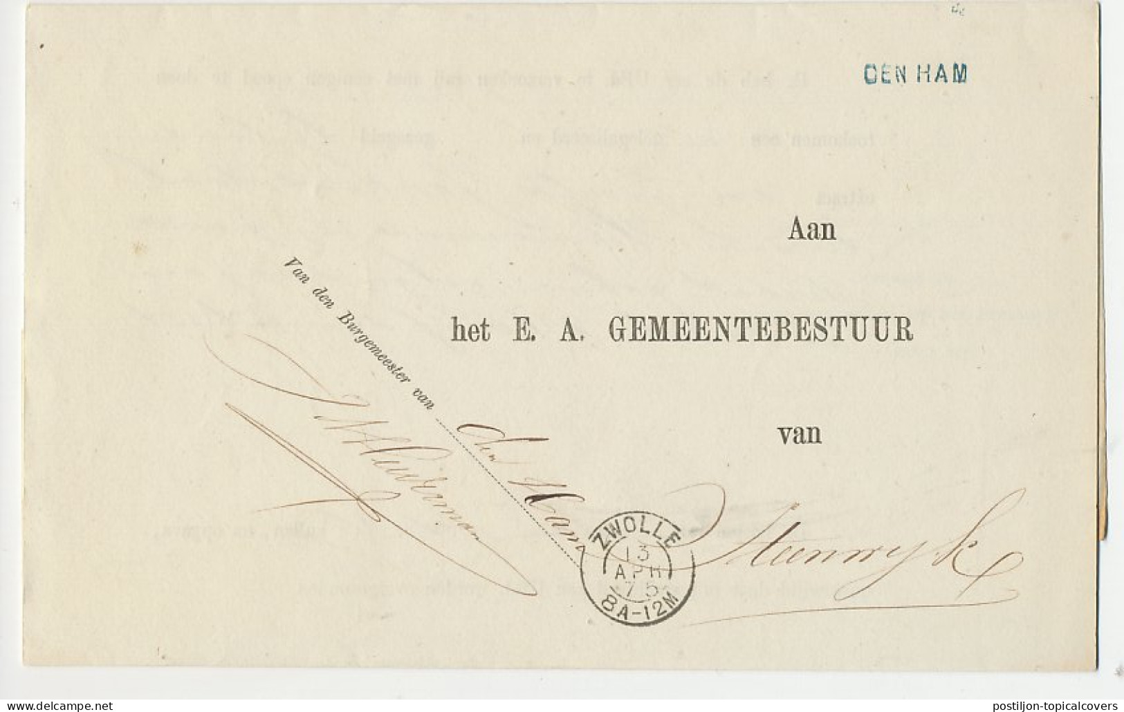 Naamstempel Den Ham 1875 - Lettres & Documents