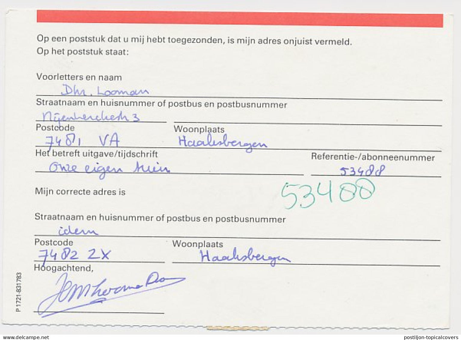 Dienst PTT Zwolle 1985 - Opgaaf Verbeterd Adres - Non Classés