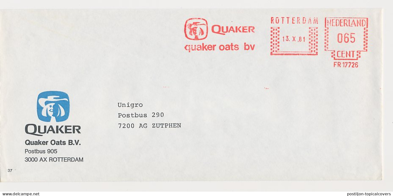 Meter Cover Netherlands 1981 Quaker - George Fox - Oats - Rotterdam - Otros & Sin Clasificación