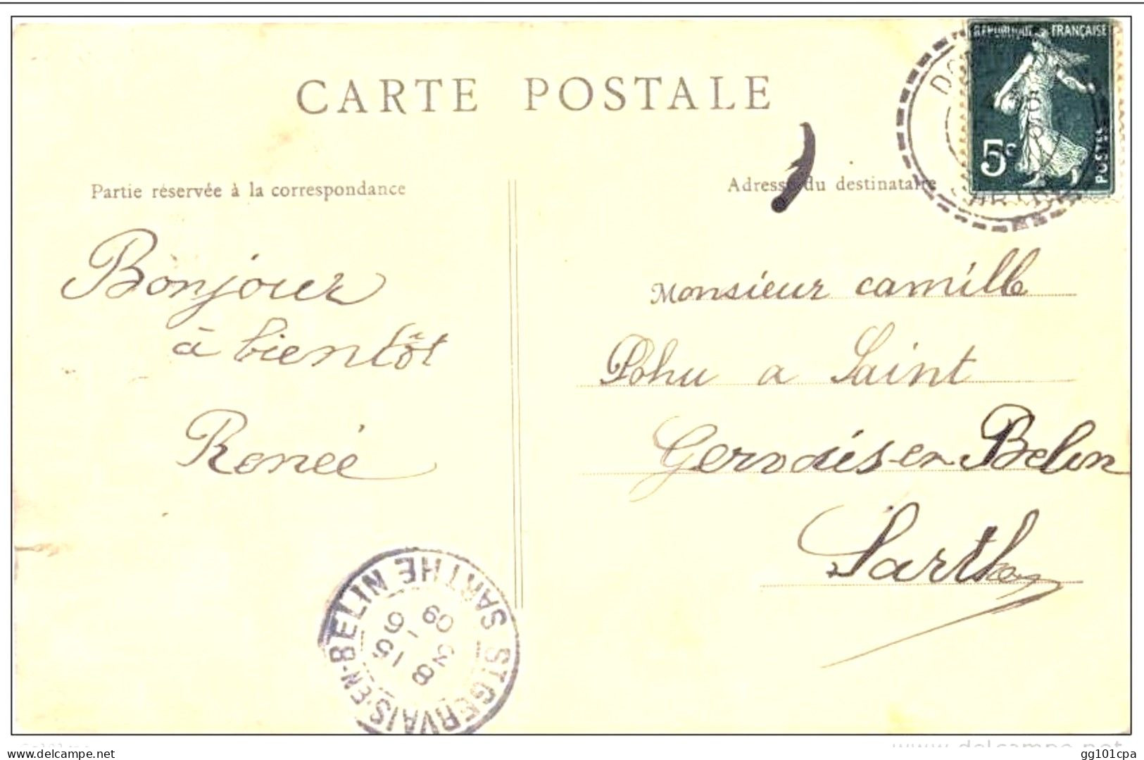 Cachet Perlé Facteur Boitier "DOMFRONT SARTHE 1909" Indice= =3 Semeuse Cp Orléans - Paiement Par MANGOPAY Uniquement - Handstempels